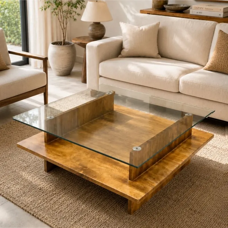 Glass and wood coffee table