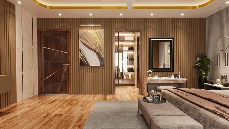 Bedroom with fluted wooden wall panelling and dresser