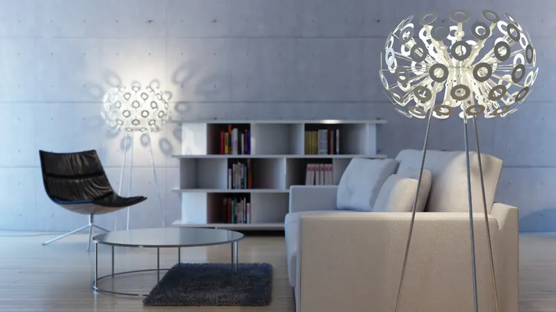 Study lounge with built-in bookshelf, armchair and sculptural floor lamp