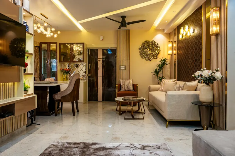 Living room with a layered false ceiling, TV wall and wooden detailing