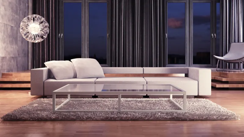 Living room with full-length drapes and a soft rug