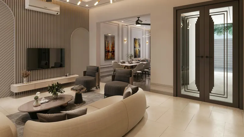 Living room with TV unit and wall panelling
