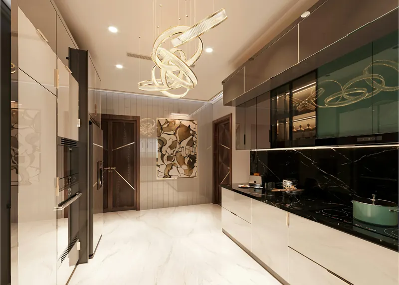Modular kitchen with marble backsplash and tall units