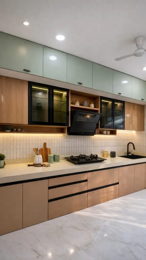 Modular kitchen with sage-green glass shutters, wooden base units and under-cabinet lighting