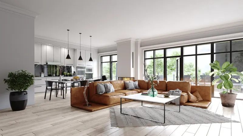 Open-plan living and dining area with pendant lights