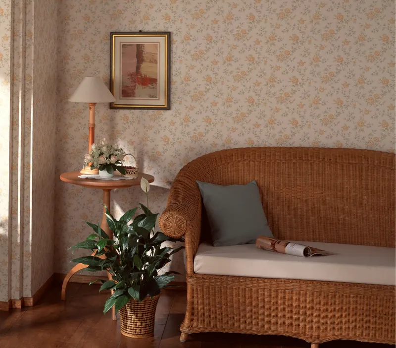 Living corner with a rattan sofa, side table and indoor plants