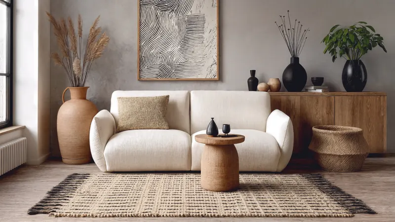 Living room with a bouclé sofa, jute rug and wooden sideboard