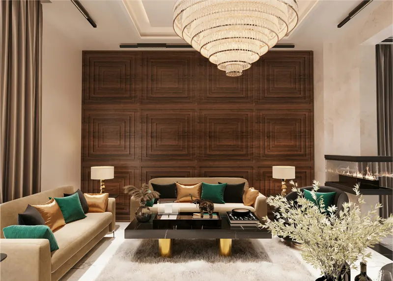 Living room with walnut wall panelling, chandelier and emerald accent chairs